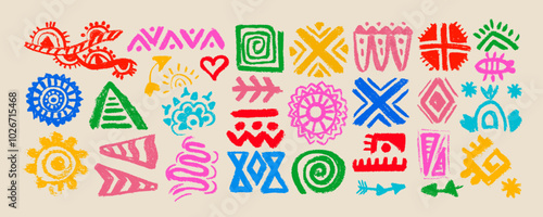 Mexican, American traditional colorful symbols and sign. Set of Abstract aztec animal and  bird totem idols, ancient inca maya civilization primitive traditional signs. 
