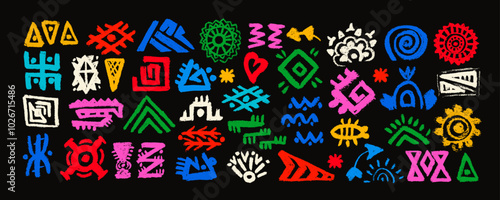 Mexican, American traditional colorful symbols and sign. Set of Abstract aztec animal and  bird totem idols, ancient inca maya civilization primitive traditional signs.
