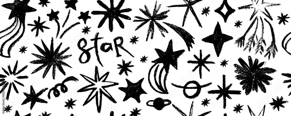Seamless pattern design with doodle stars and comets. Hand drawn charcoal doodle magic stars. Childish style of meteoroid, comet and asteroid. Seamless pattern design with doodle stars and comets. Hand drawn charcoal doodle magic stars. Childish style of meteoroid, comet and asteroid.