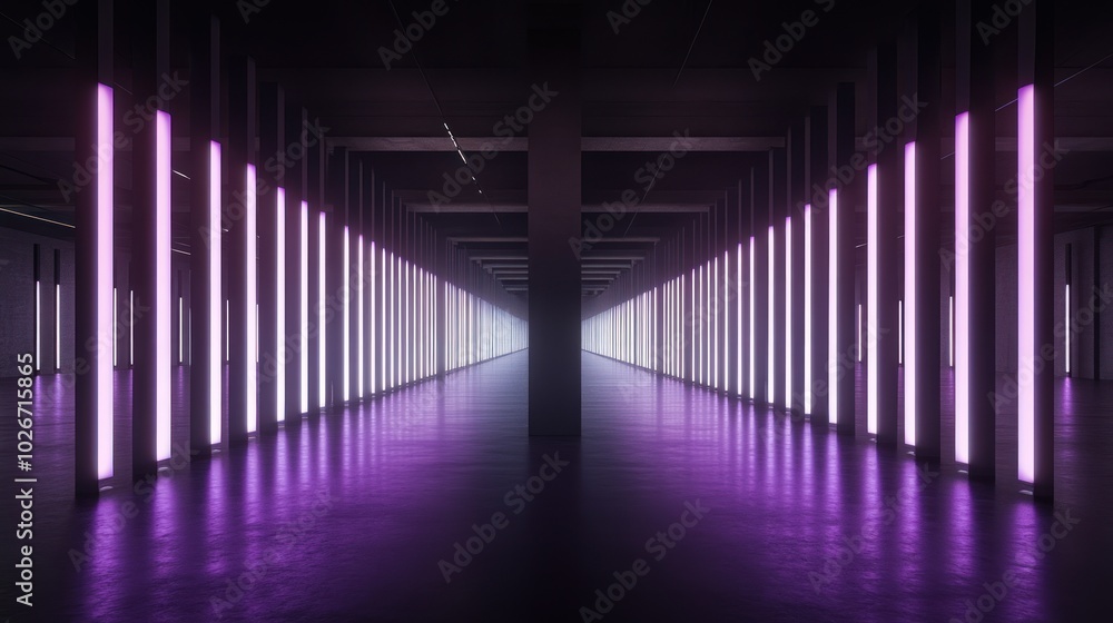 Purple Neon Lights Illuminating a Long, Empty Hallway Purple Neon Lights Illuminating a Long, Empty Hallway