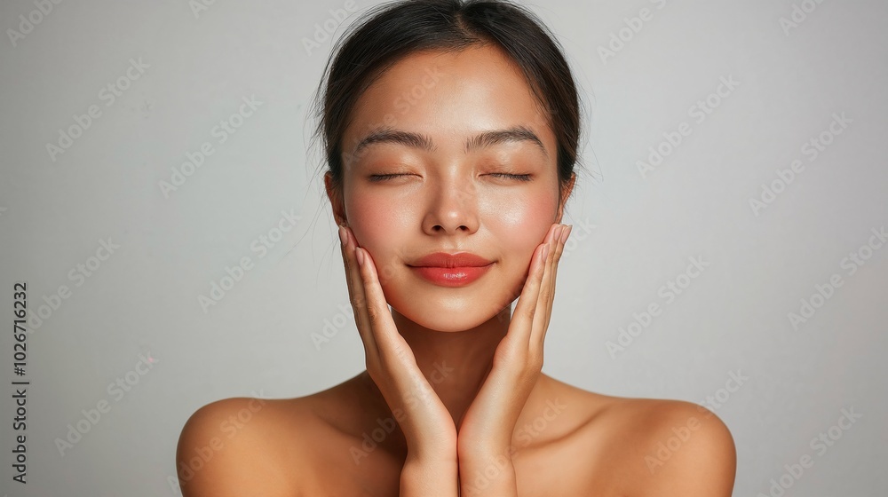Minimalist Beauty: Woman with Eyes Closed and Hands on Face Minimalist Beauty: Woman with Eyes Closed and Hands on Face