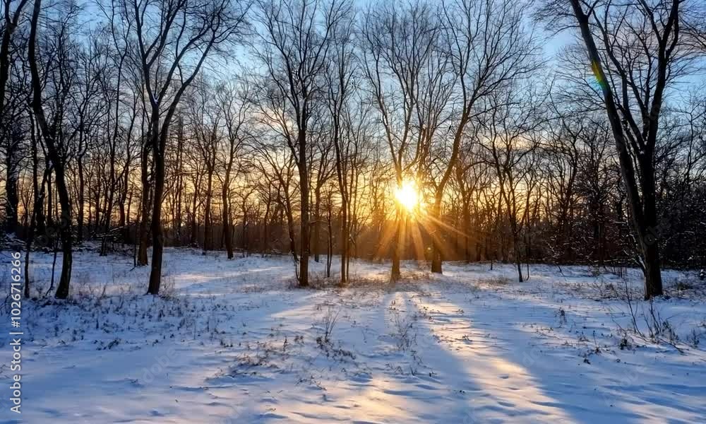 Sunrise Through Winter Trees in Snowy Forest Sunrise Through Winter Trees in Snowy Forest