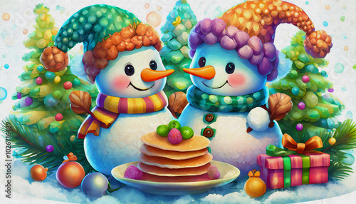 oil painting style CARTOON CHARACTER illustration CUTE baby snowmen bake pancakes isolated on white background, top view.