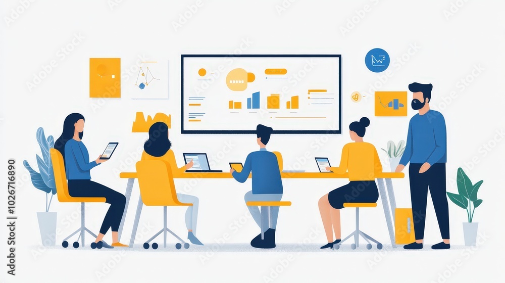 Modern Teamwork Concept in Graphic Movie Animation Poster Style - Colleagues Brainstorming with Tablet in Minimalistic Boardroom Design Modern Teamwork Concept in Graphic Movie Animation Poster Style - Colleagues Brainstorming with Tablet in Minimalistic Boardroom Design