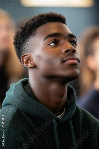 Young African man, curly black hair, green shirt, gazing upward, educational context