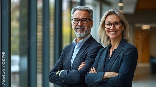 Two confident executive managers, a mature business man and woman in their 50s, standing with arms crossed, smiling at the camera in a modern office environment with glass windows in the background