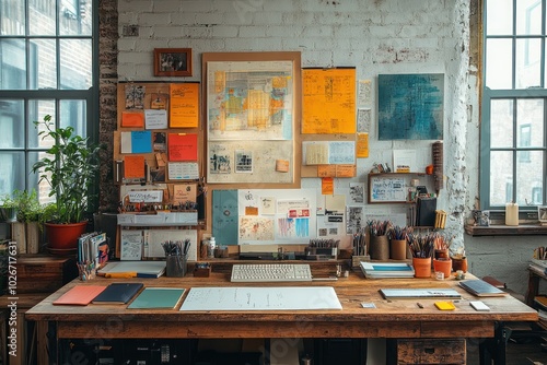 A wooden desk with a white paper on top and surrounded by various office supplies with a brick wall background.