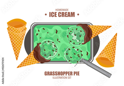 Vector illustration set of assorted colored gelato ice cream flavors on a tray, grasshopper pie, chocolate, ice cream scoop, cone, crispy waffle cone. Dessert menu, isolated ice cream illustration.
