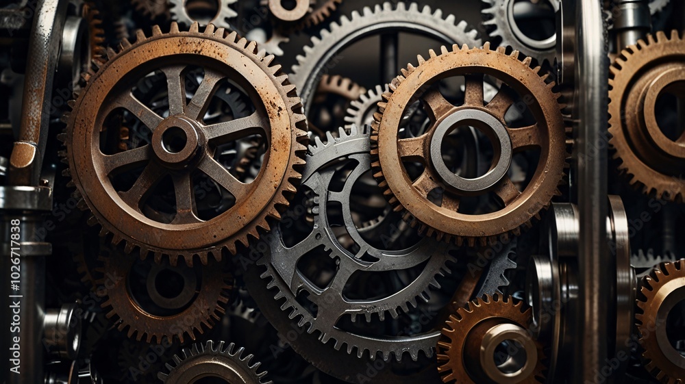 Illustrate an artistic close-up of industrial elements, such as gears or metal textures, arranged in a visually appealing way on a neutral background. Illustrate an artistic close-up of industrial elements, such as gears or metal textures, arranged in a visually appealing way on a neutral background.