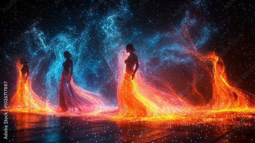Three women are depicted with flowing colorful lights around them, creating a beautiful atmosphere. The illumination and movements are captivating. Three women are depicted with flowing colorful lights around them, creating a beautiful atmosphere. The illumination and movements are captivating.