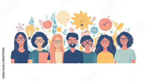 Creative Collaboration - Diverse Group of Young Professionals and Students in Anime Vector Illustration with Minimalist Paper Cut Design