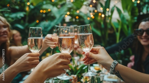 Friends raising their glasses filled with sparkling ros wine, enjoying a summer office party in a lush outdoor setting, with greenery and festive decorations in the background photo