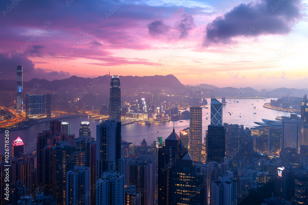 Fototapeta premium Panoramic city skyline at dusk with skyscrapers and sunset over bustling harbor
