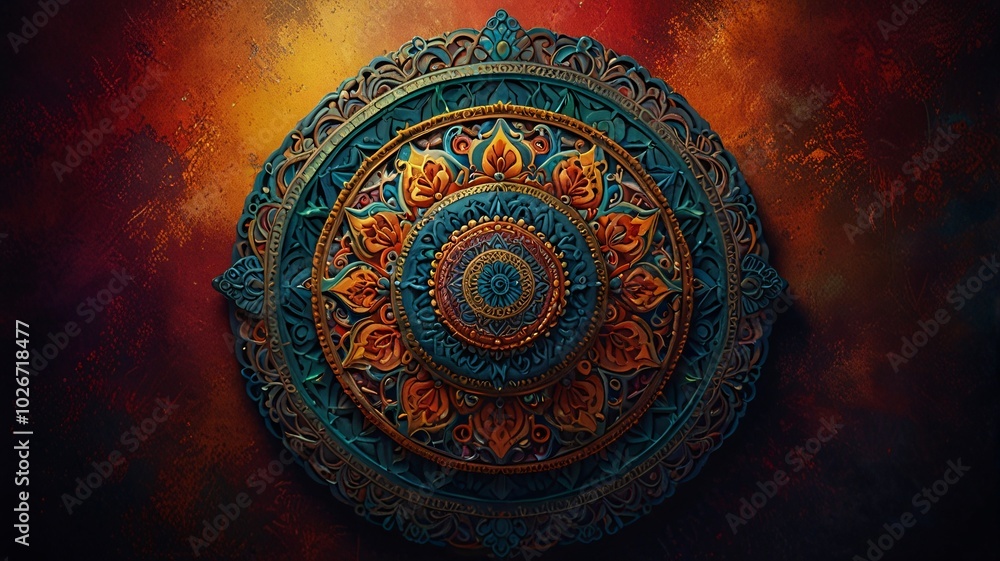 intricate mandala pattern on a textured canvas, using vibrant colors and detailed designs that radiate from The composition should evoke feelings. intricate mandala pattern on a textured canvas, using vibrant colors and detailed designs that radiate from The composition should evoke feelings.