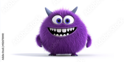 Cute purple furry fluffy monster 3D cartoon character smiling with large purple eyes, horns, and white teeth