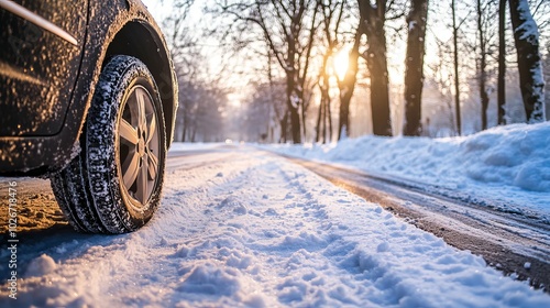 A car's wheel is shown up close on a snowy road in a park with trees.