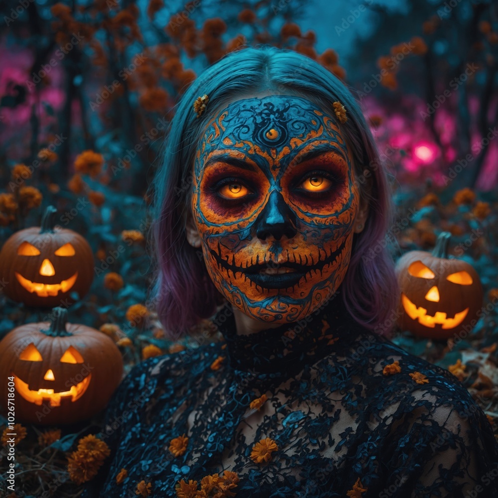 Spooky jack o'lanterns lighting up the dark night with their eerie glow and grinning faces Spooky jack o'lanterns lighting up the dark night with their eerie glow and grinning faces