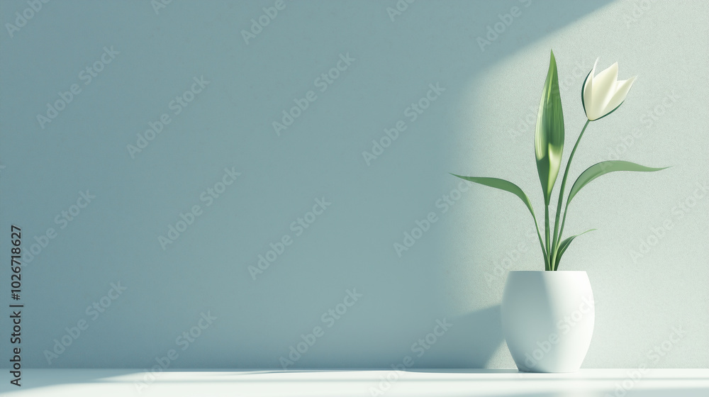 White tulip in vase on pastel background, serene and elegant minimalist composition White tulip in vase on pastel background, serene and elegant minimalist composition