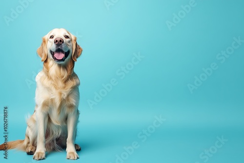Happy golden retriever sitting on a solid blue background with copy space