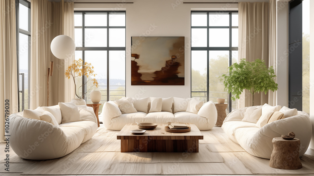 Minimalist, interior design of modern living room with white cushions, a large wooden coffee table, and large windows Minimalist, interior design of modern living room with white cushions, a large wooden coffee table, and large windows