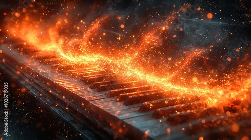 An enchanting image of a piano keyboard surrounded by vibrant sparks and glowing lights, symbolizing the beauty of music and creativity.