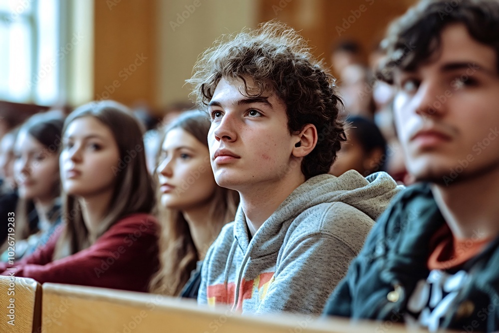 Group of high school students are sitting in a classroom, listening attentively to their teacher. The students are all engaged and focused on the lesson Group of high school students are sitting in a classroom, listening attentively to their teacher. The students are all engaged and focused on the lesson