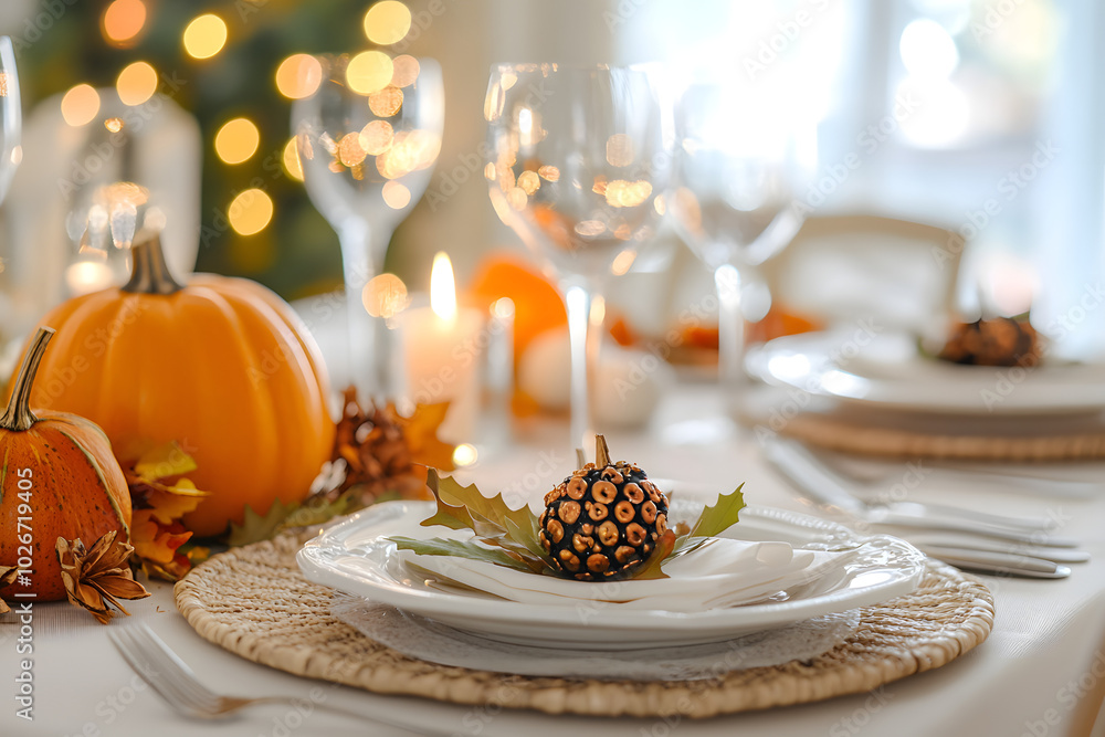 Naklejka premium Beautiful Thanksgiving Table Setting with Pumpkins and Candles for a Festive Celebration