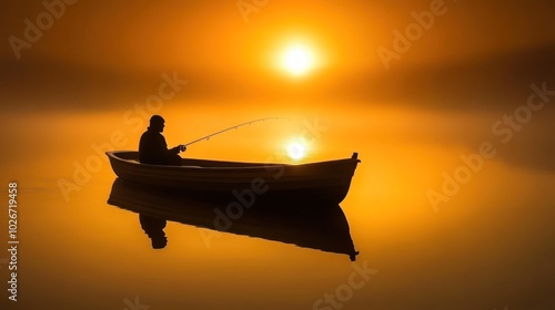 Silhouette of a Fisherman in a Boat at Sunset