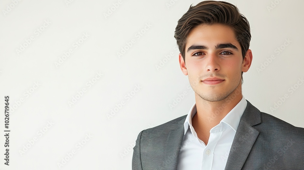 Attractive young man in a crisp dress shirt and blazer, leaning slightly forward with a friendly expression, conveying warmth and professionalism in an isolated white space Attractive young man in a crisp dress shirt and blazer, leaning slightly forward with a friendly expression, conveying warmth and professionalism in an isolated white space
