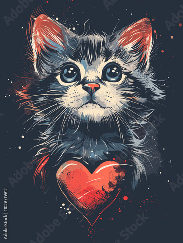 Cute cat with heart. Hand drawn illustration for t-shirt.