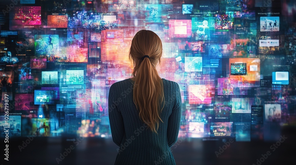 Backview of a Caucasian woman staring at a wide digital panel filled with a mix of social media timelines, video game streams, online shopping carts, and financial service dashboards Backview of a Caucasian woman staring at a wide digital panel filled with a mix of social media timelines, video game streams, online shopping carts, and financial service dashboards