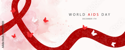 Banner dedicated to World AIDS Day on December 1. Red ribbon and paper butterflies on watercolor background. Vector illustration. Health concept. Stop HIV.