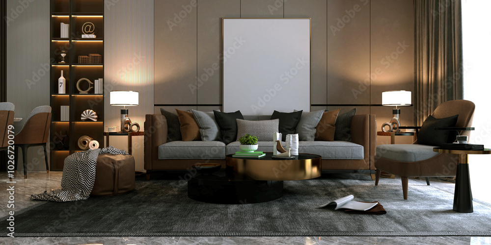 Fototapeta premium 3D RENDER OF LUXURY HOME INTERIOR LIVING ROOM