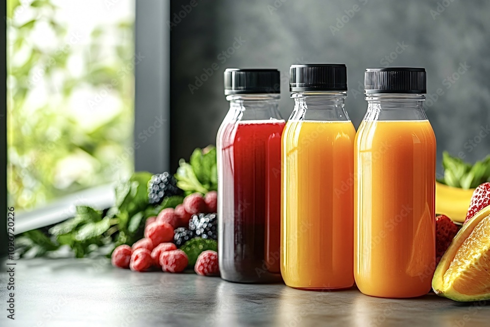 Colorful fruit and juice bottles on wooden table near window, perfect for summer refreshment. Fresh, organic, and vibrant detox option Colorful fruit and juice bottles on wooden table near window, perfect for summer refreshment. Fresh, organic, and vibrant detox option