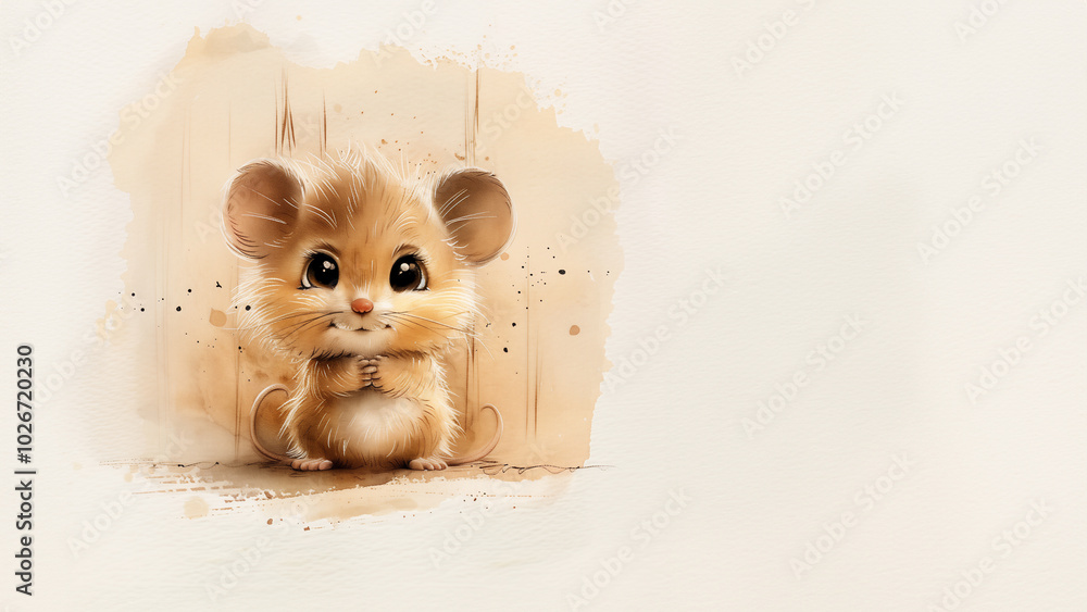 Fototapeta premium The mouse stands on its hind legs and looks at the camera, copy space.