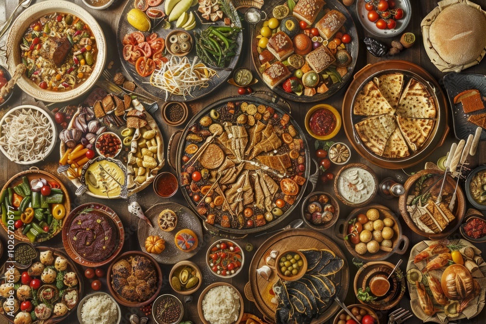 Food depicted as a metaphor for cultural identity and traditions, with dishes representing different regions and ethnicities, showcasing the diverse tapestry of global cuisine Food depicted as a metaphor for cultural identity and traditions, with dishes representing different regions and ethnicities, showcasing the diverse tapestry of global cuisine