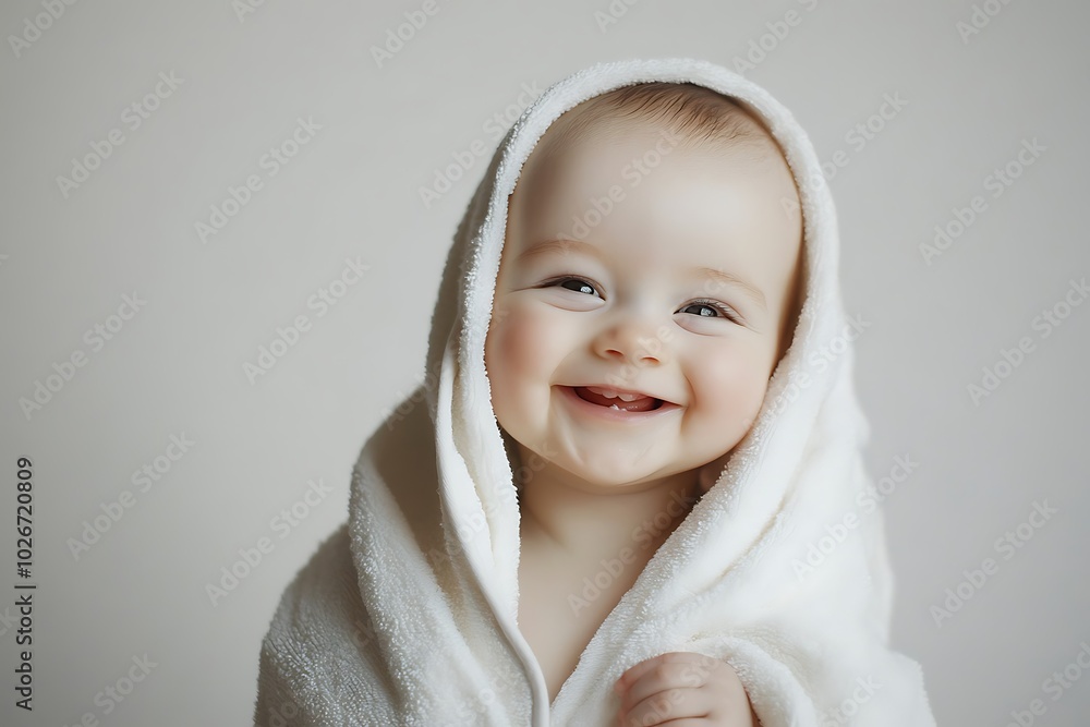 Happy baby wrapped in a plush towel, giggling, isolated on a pure white background. Happy baby wrapped in a plush towel, giggling, isolated on a pure white background.