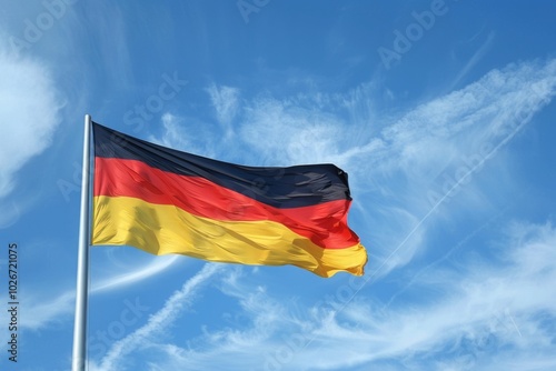 A German flag is flying in the sky on a sunny day