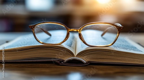 A pair of glasses resting on an open book, symbolizing reading and knowledge.