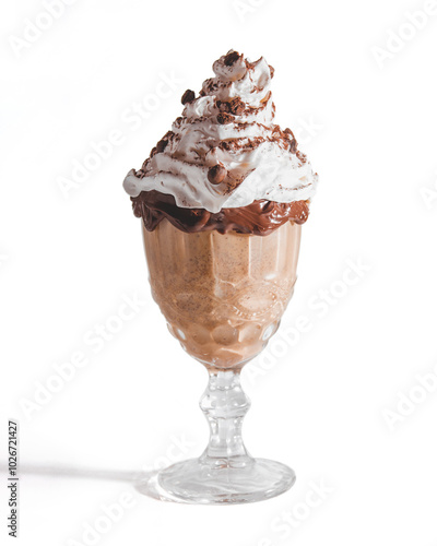 Coffee drink with cacao seeds and chantilly on a white background.