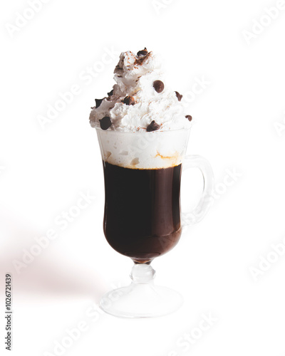 Coffee drink with cacao seeds and chantilly on a white background.