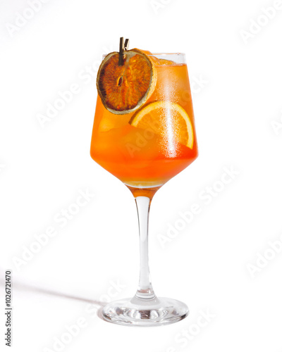 Orange drink with dehydrated orange slice garnish on a White Background.