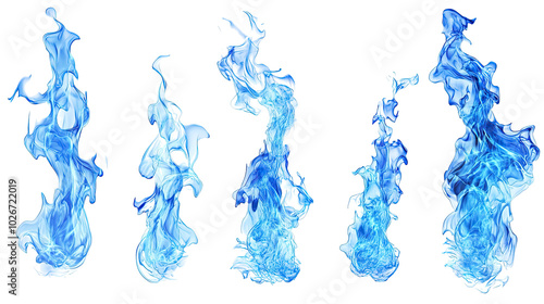 Blue Flames Dancing in Varied Shapes Against a White Background Generative AI