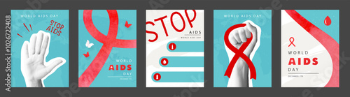 Set of cards dedicated to World AIDS Day on December 1. Halftone hands, red ribbons, paper butterflies , blood drop and other design elements. Vector illustration. Health concept. Stop HIV.