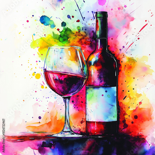 Bottle of red wine with a glass painted with watercolor paints of bright colors with splashes.