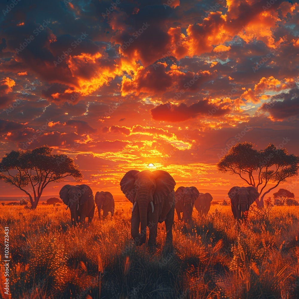 Fototapeta premium African Elephants Migration at Dramatic Sunset