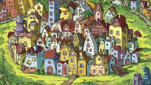 Houses seamless ornament. Cute vector background with doodle city