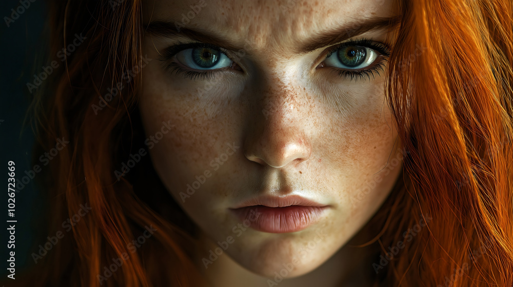 Portrait of young woman with redhead ginger hair frowns with a serious look showcasing her beauty and thoughtful expression beautiful female model captures a mix of emotions in a modern studio setting Portrait of young woman with redhead ginger hair frowns with a serious look showcasing her beauty and thoughtful expression beautiful female model captures a mix of emotions in a modern studio setting