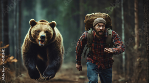 Scared man runs away from a furious bear in the forest, showcasing the dangers of wildlife in nature camper faces a terrifying adventure in the wild, surrounded by trees and driftwood