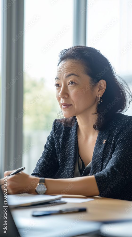 Focused Asian businesswoman in a meeting at office with window view Focused Asian businesswoman in a meeting at office with window view